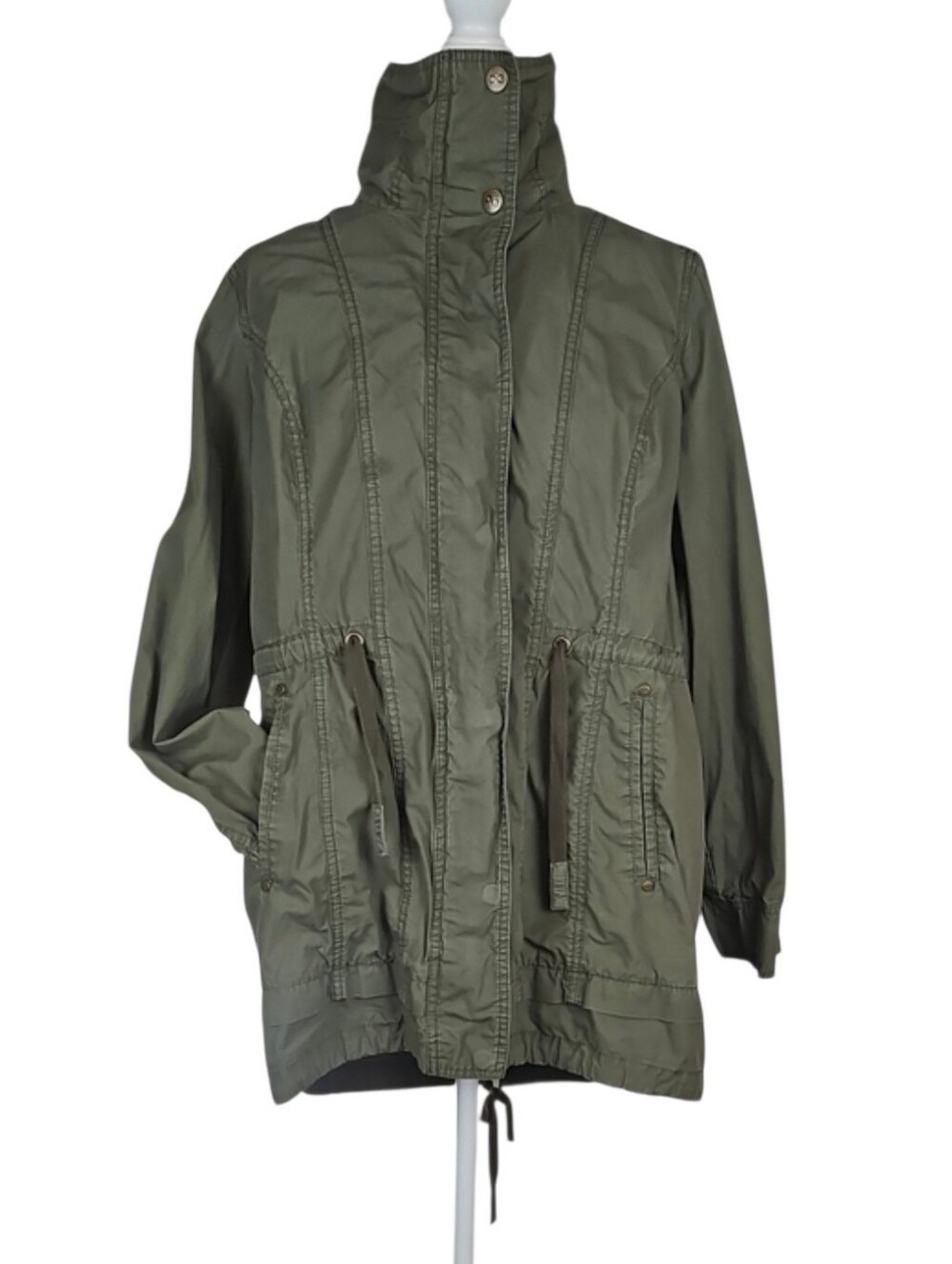 Olive Green Utility Trench Coat Windbreaker Fall Spring Hiking Jacket Pockets XL